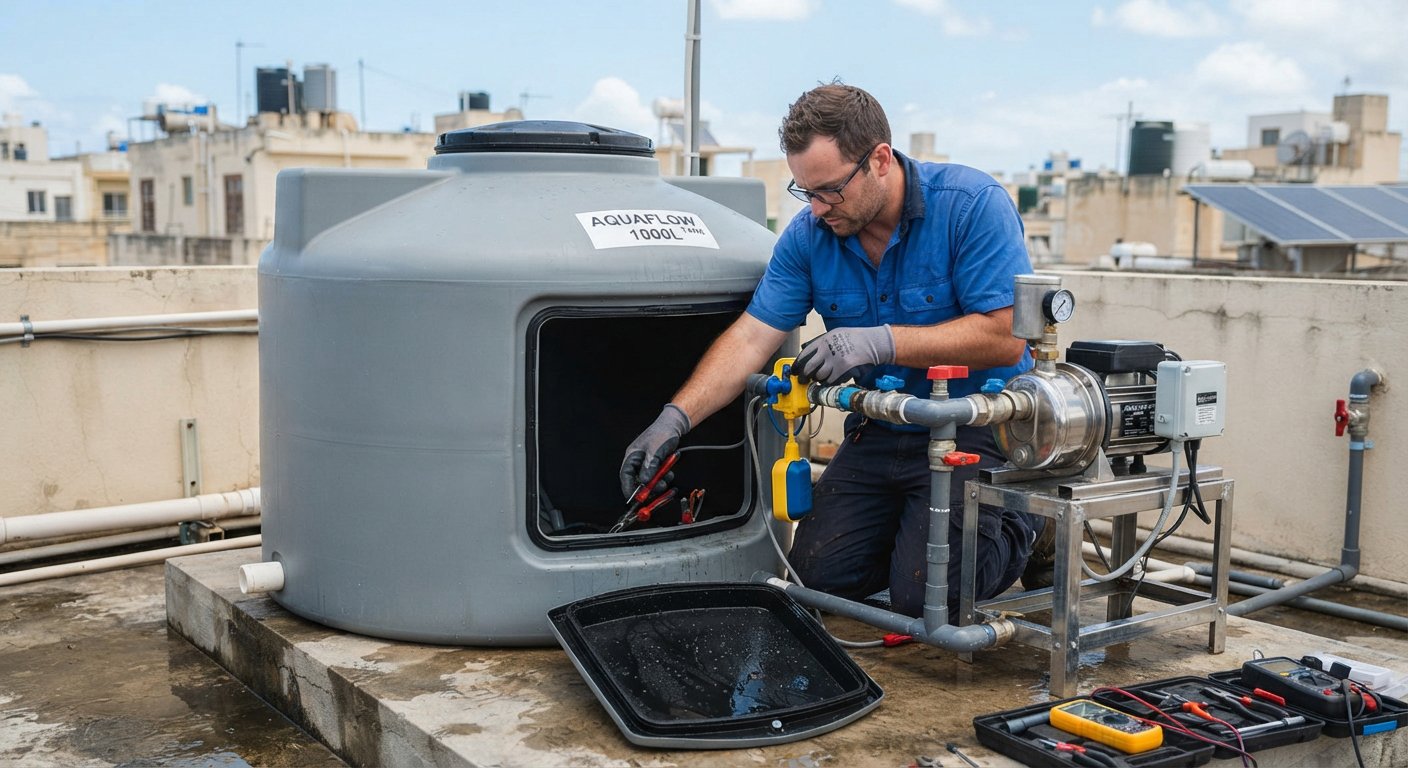 Technician servicing a water tank in Doha